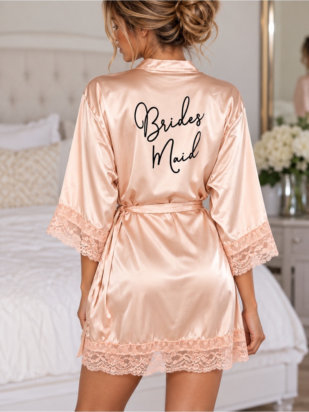 Satin Lace Bridesmaid Robe in Blush Pink